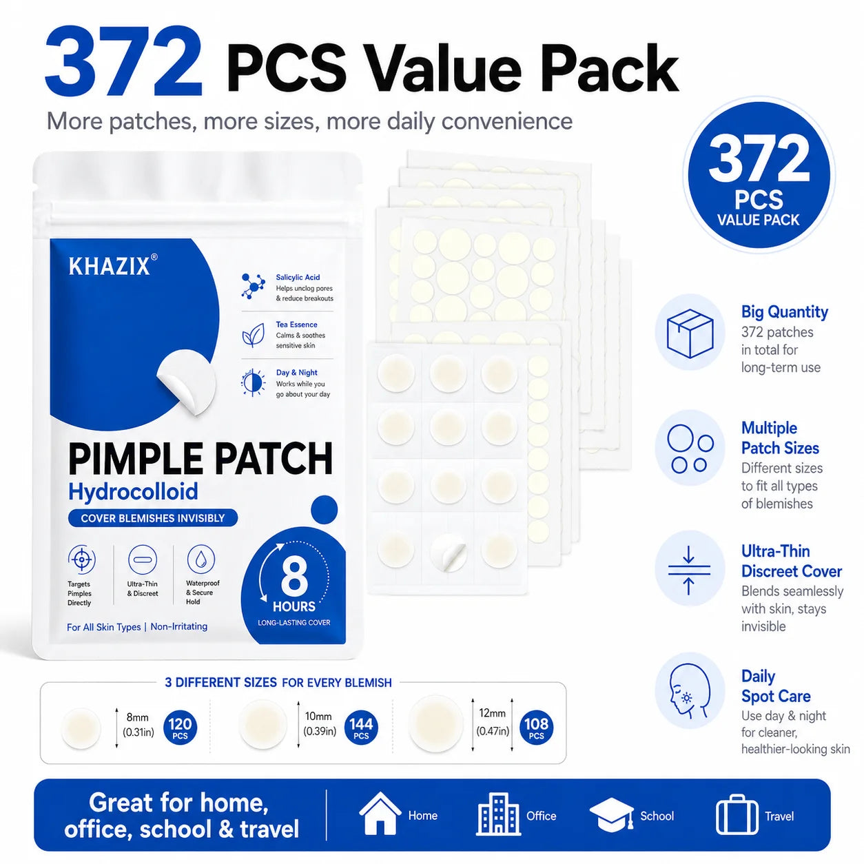 372pcs Hydrocolloid Acne Pimple Patch, Hydrocolloid Spot Stickers, Covering Zits and Defect