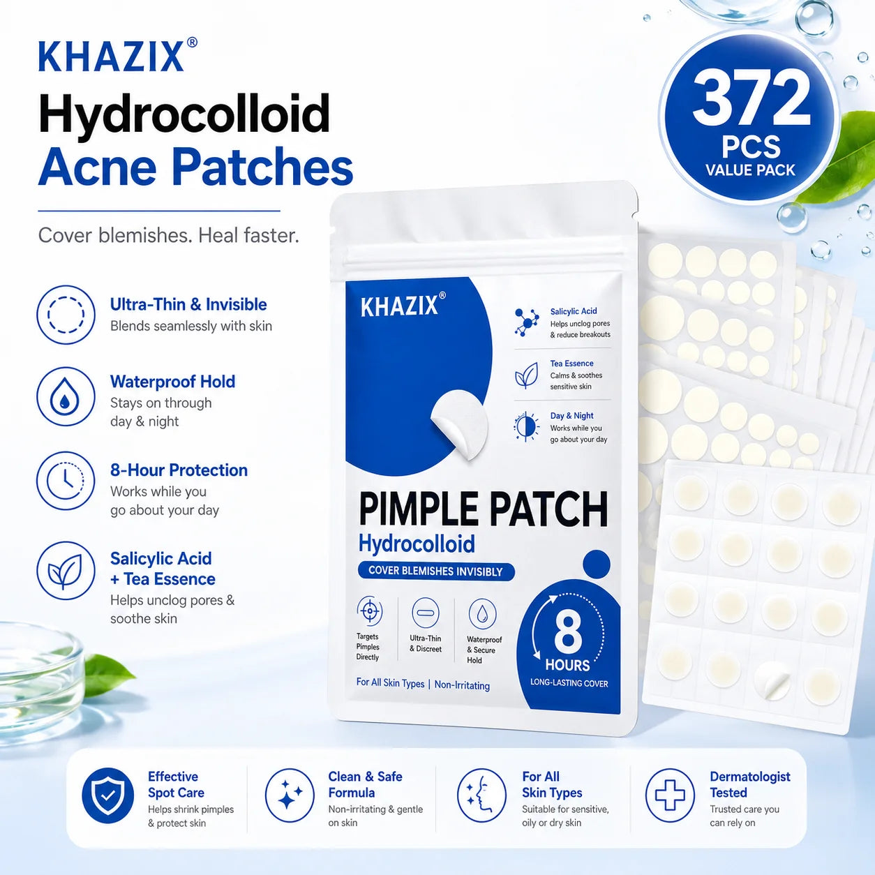 372pcs Hydrocolloid Acne Pimple Patch, Hydrocolloid Spot Stickers, Covering Zits and Defect