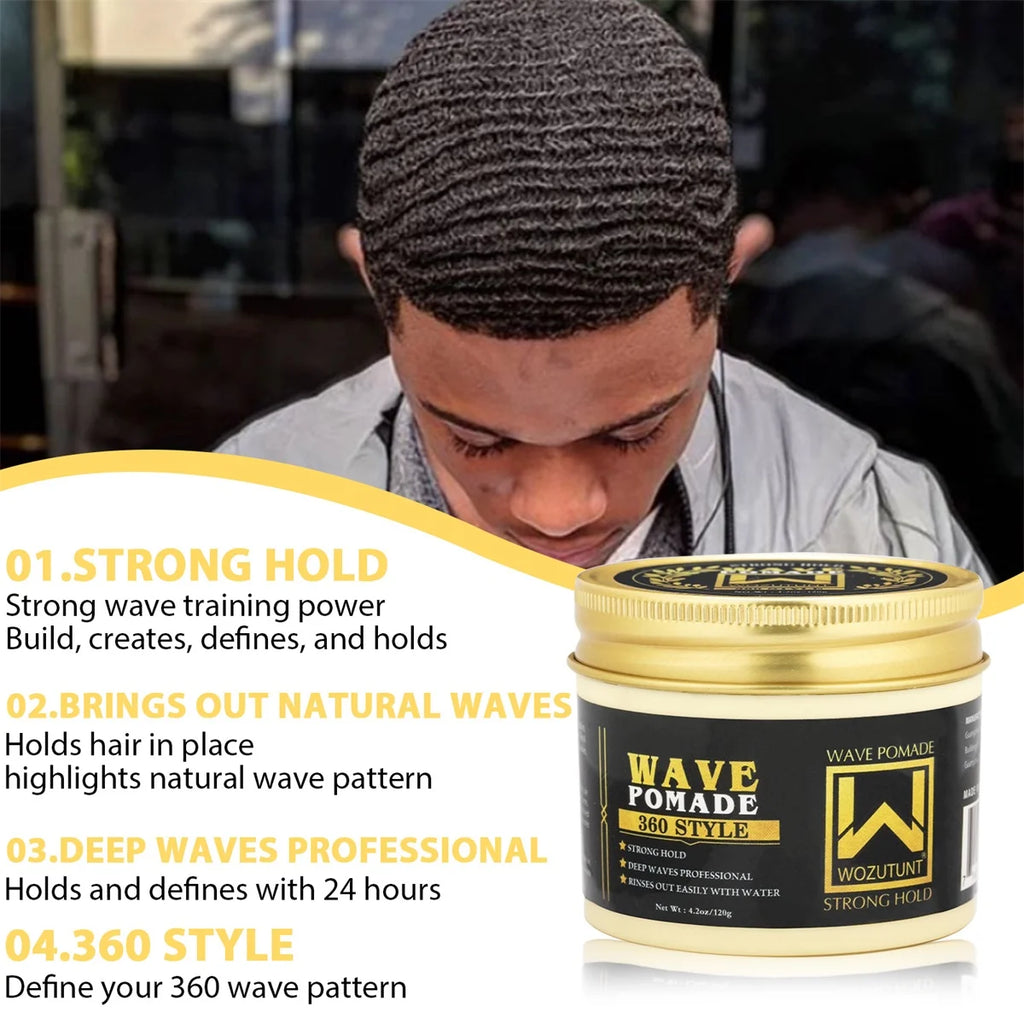 WOZUTUNT 120g Wave Control Pomade 360 Style Strong Hold Long Lasting Curly Hair Cream Wavy Hair Styling & Care Products for Men